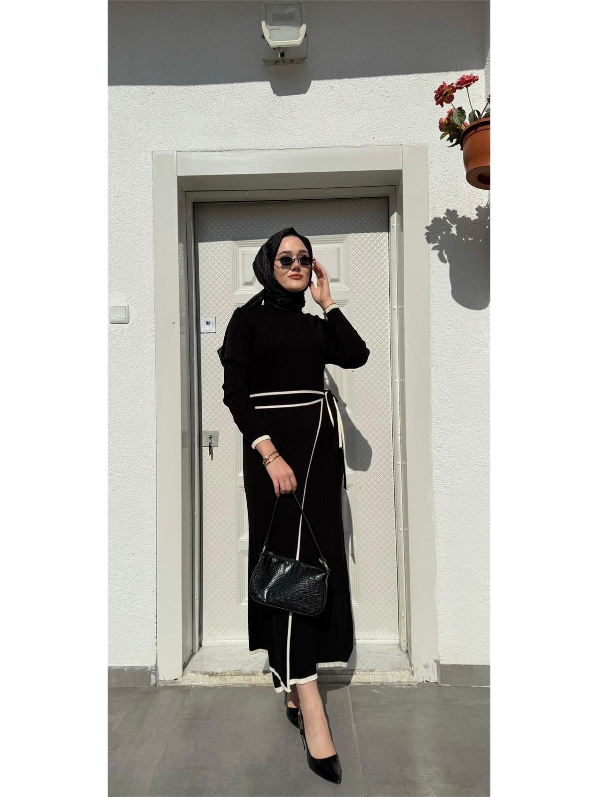 Triko Bağlamalı Uzun Elbise Siyah