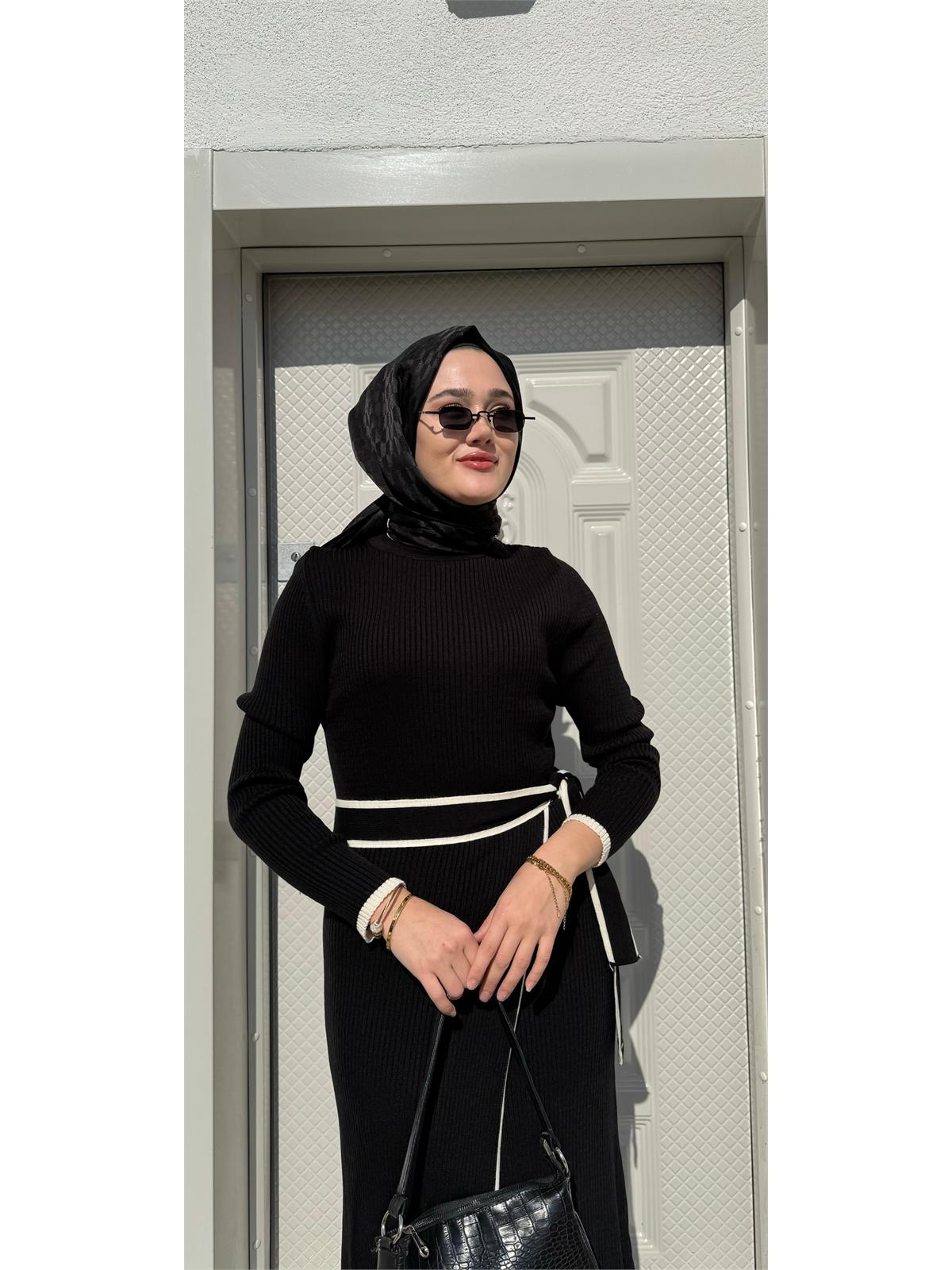 Triko Bağlamalı Uzun Elbise Siyah