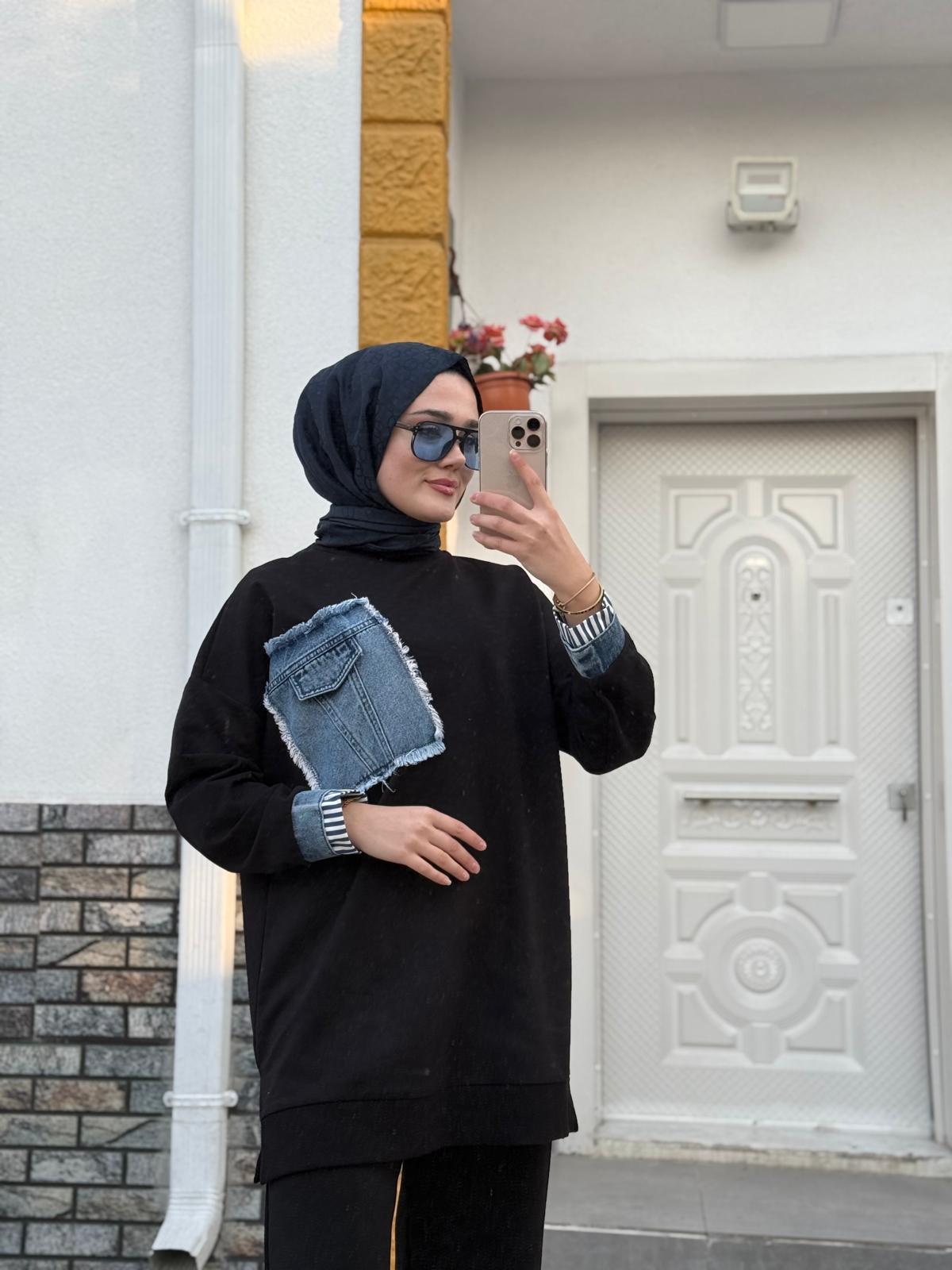 Kot Detaylı Tunik Siyah