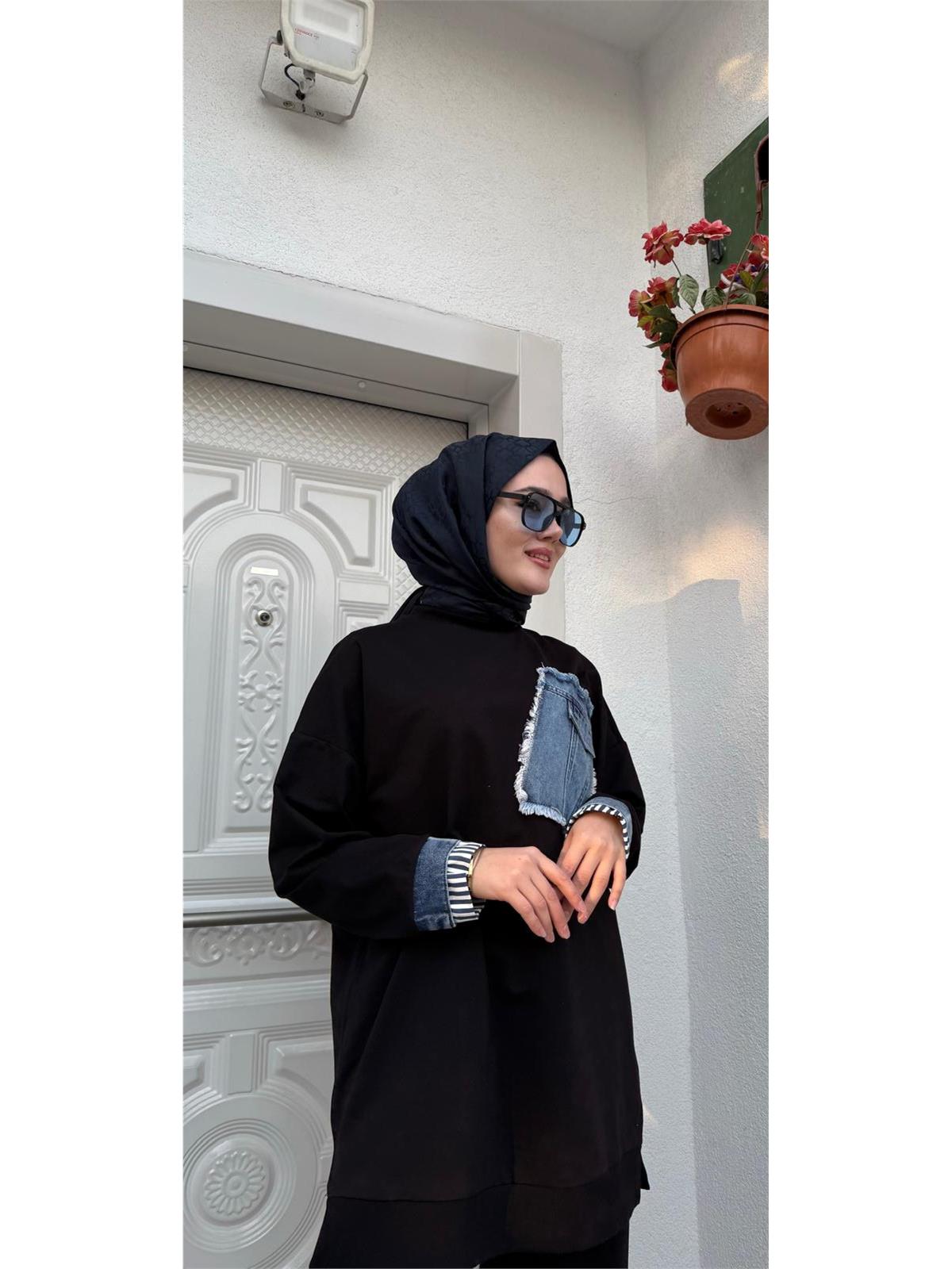 Kot Detaylı Tunik Siyah