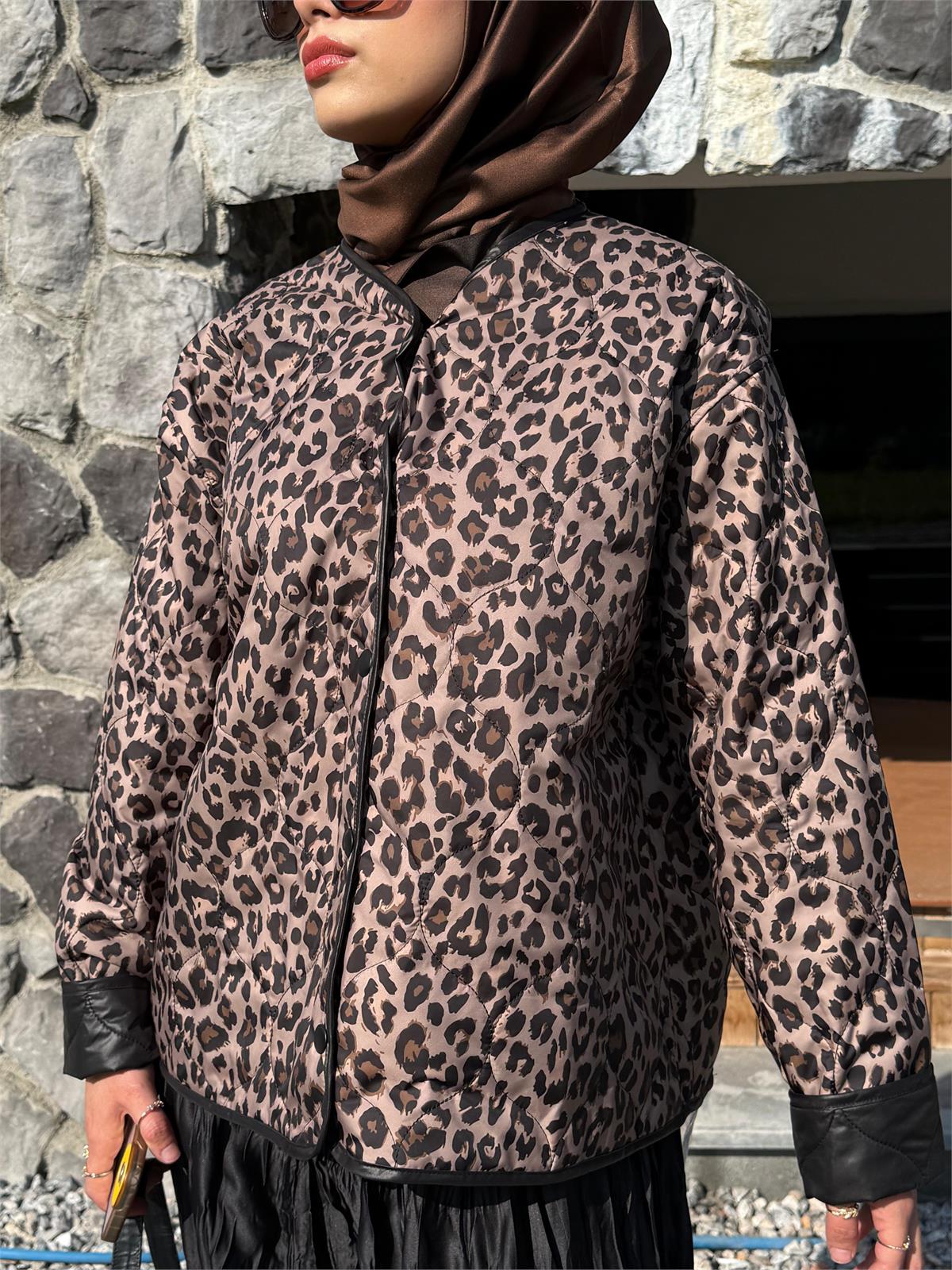 Çift Yönlü Oversize Kapitone Leopar Ceket Leopar