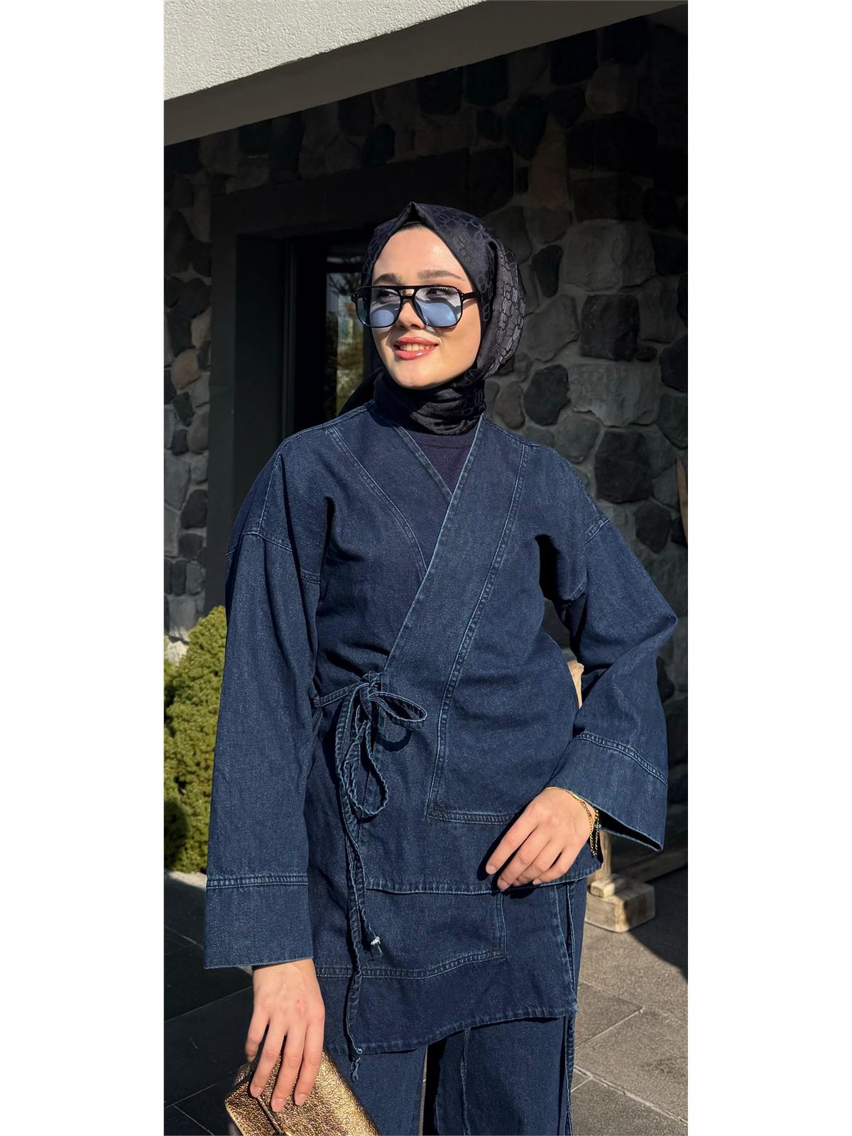 Kot Bağlama Detaylı Oversize Kimono Takım Mavi
