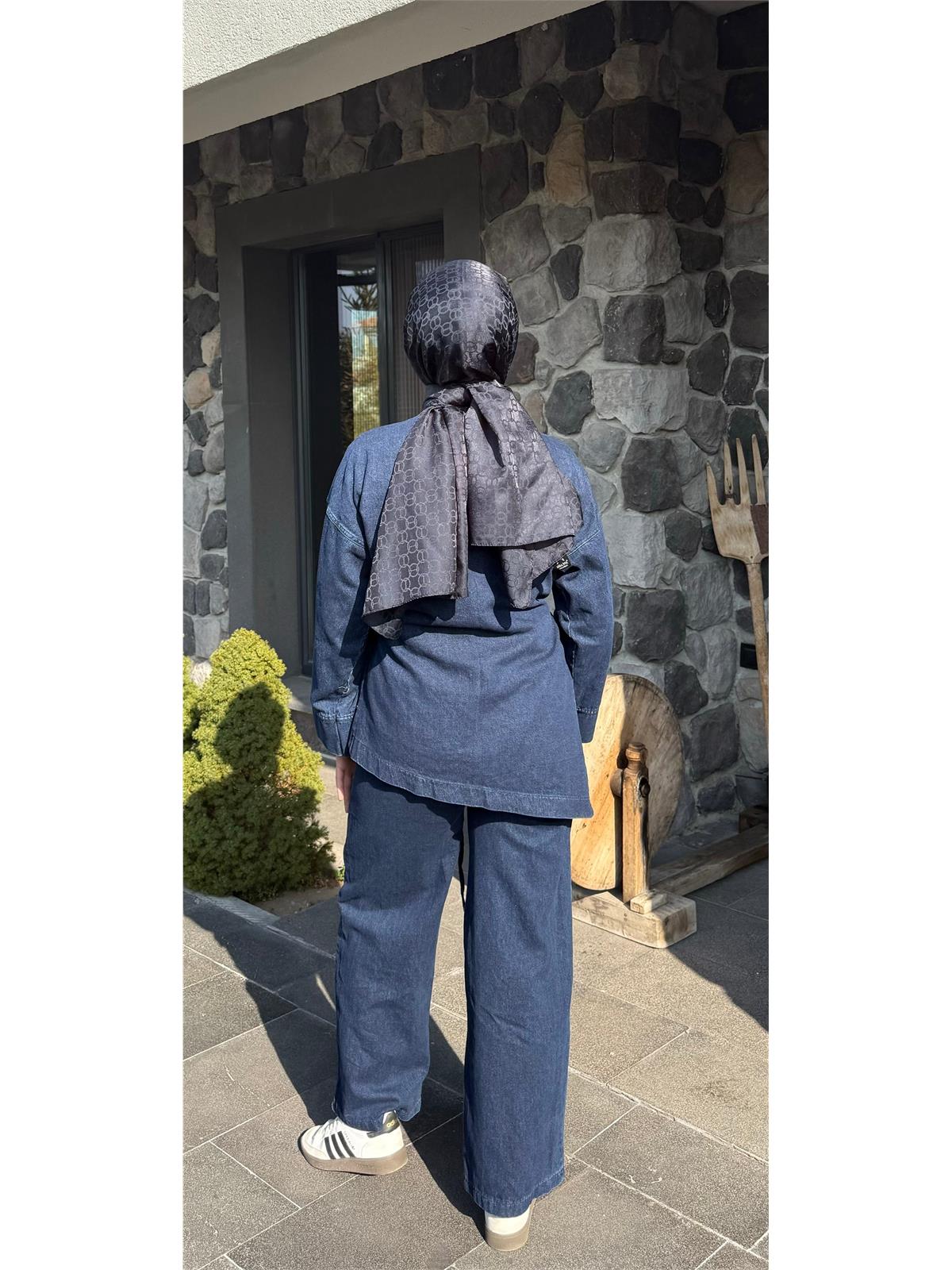 Kot Bağlama Detaylı Oversize Kimono Takım Mavi