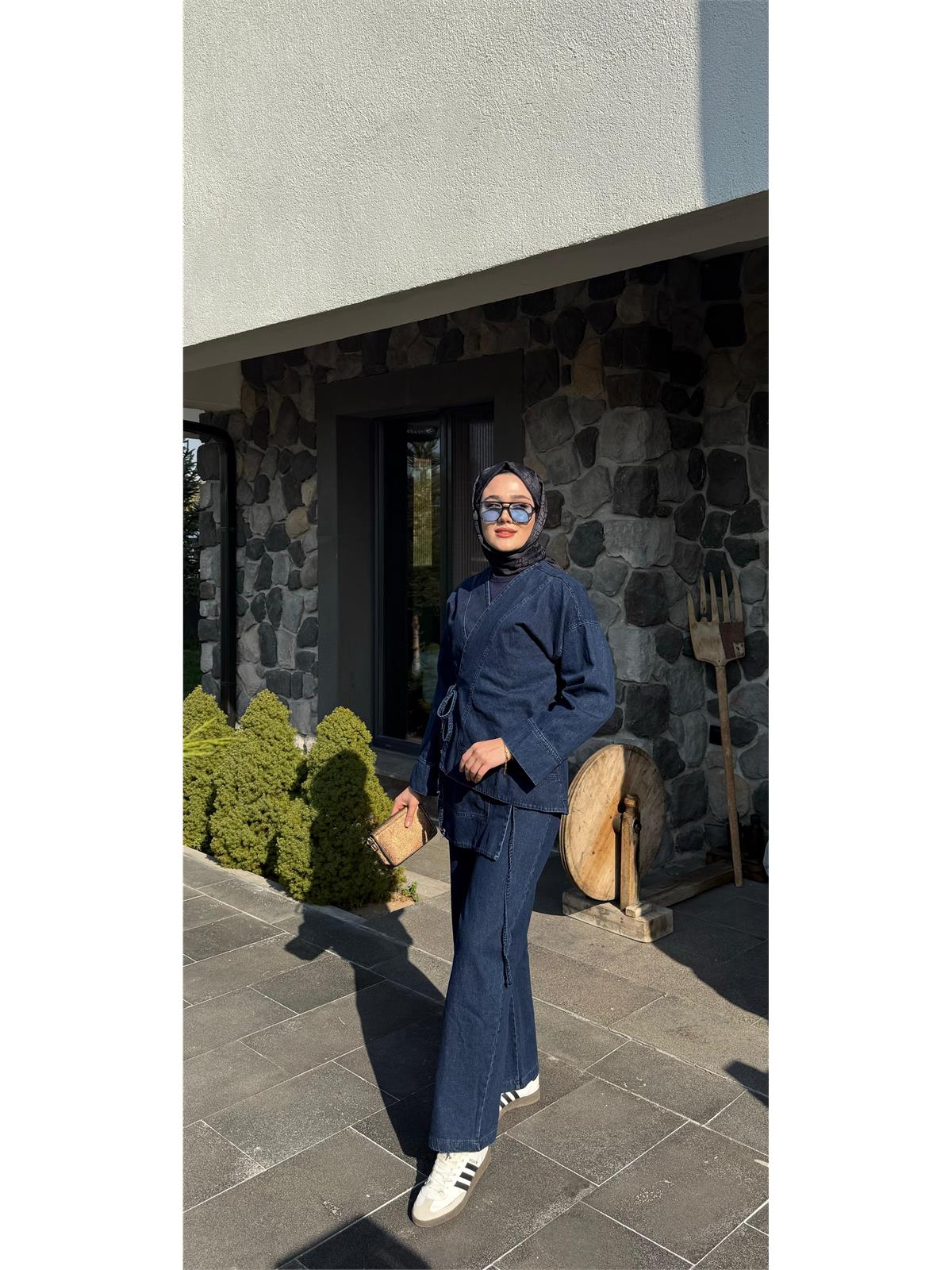 Kot Bağlama Detaylı Oversize Kimono Takım Mavi