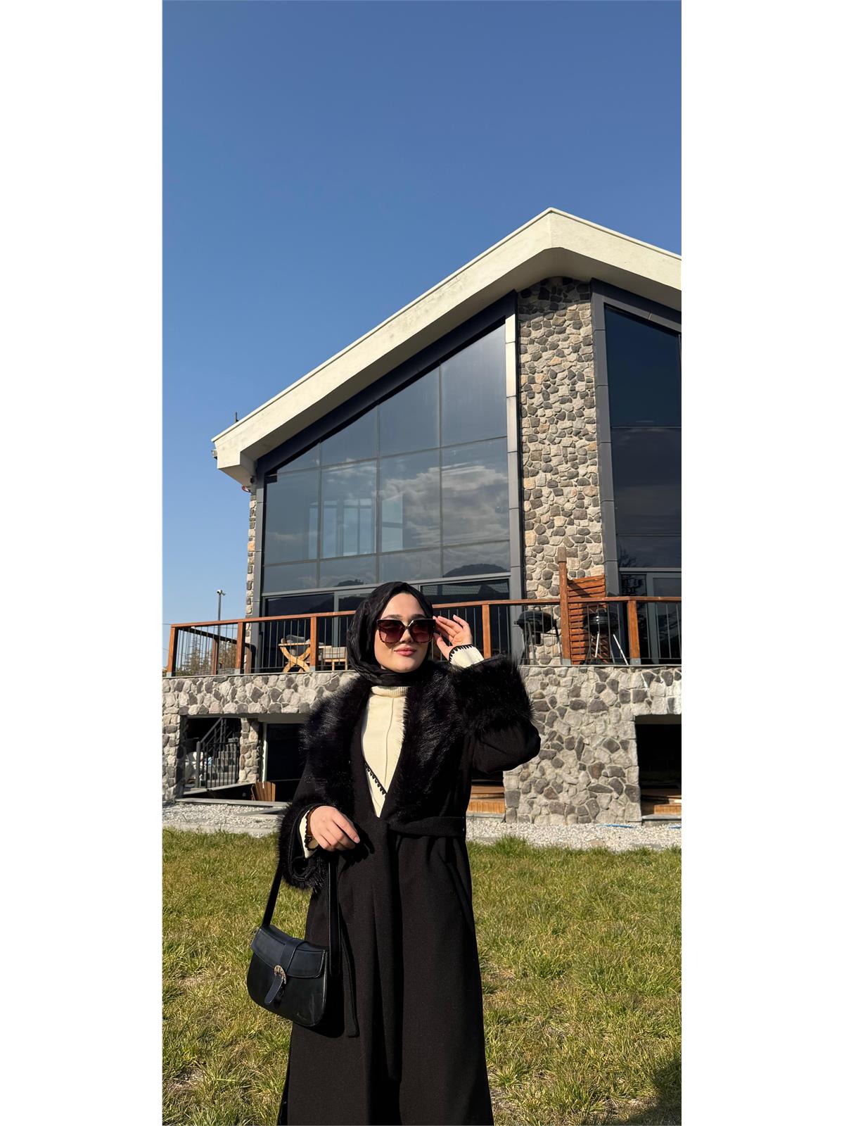 Kürk Detaylı Uzun Kaban Siyah