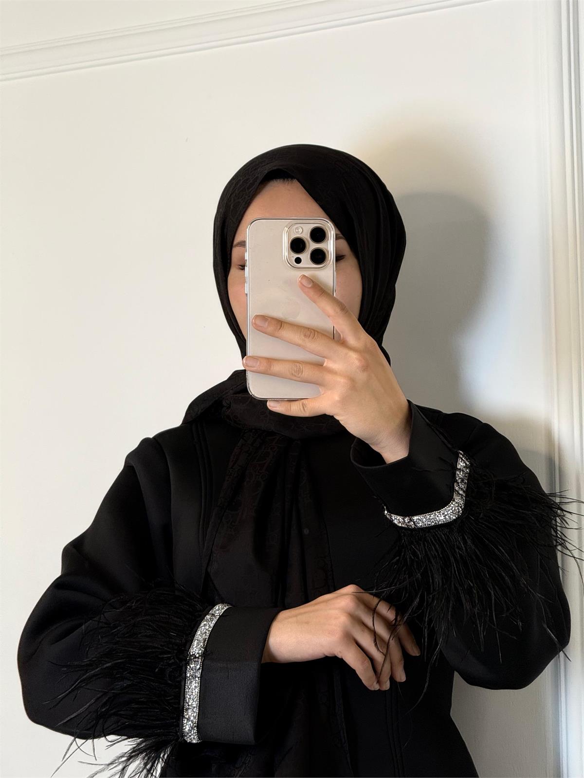 Uzun Kol Tüy Detaylı Elbise Siyah